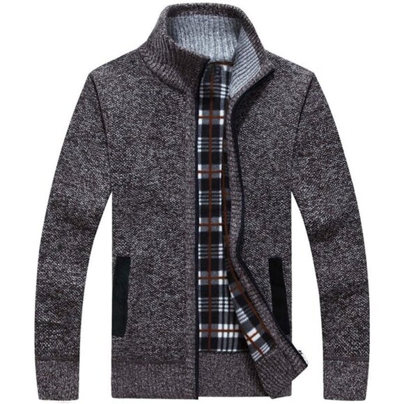 Men's Coffee Casual Slim Full Zip Knitted Polyester Cardigan Sweater with Pocked - Picture 1 of 5